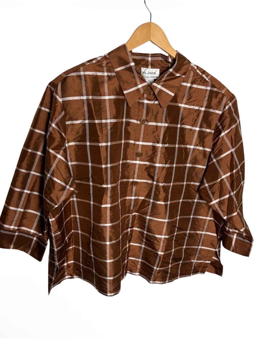 NWT QVC brown & white silk grid plaid button up blouse size 2X